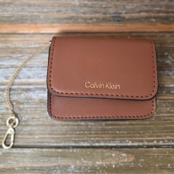 Calvin Klein MINI Card Wallet Key Chain Preppy Minimalist Brown Faux Leather - Picture 1 of 8